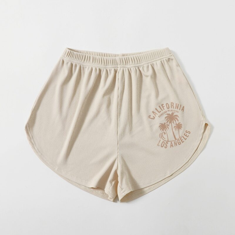 

Letter Tropical Graphic Ribbed Shorts, Beige