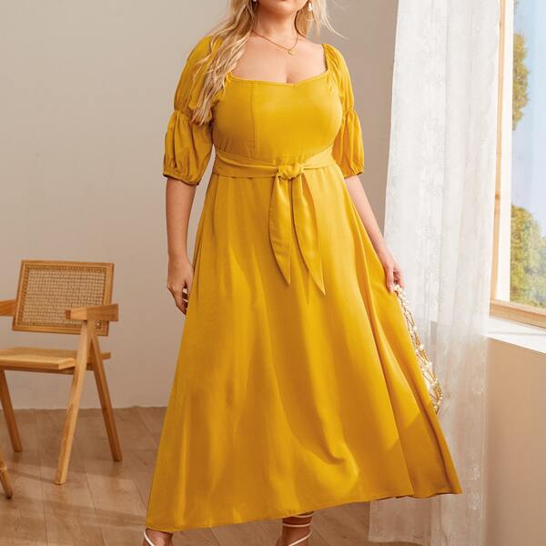 

Plus Puff Sleeve Belted A-line Dress, Mustard yellow