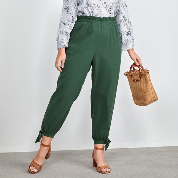 

Plus Knot Hem Paperbag Waist Pants, Green