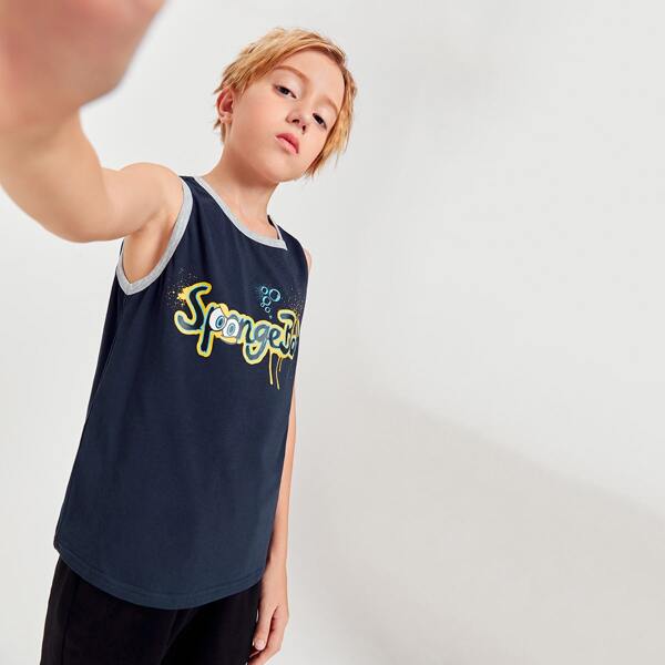 

Boys Letter & Cartoon Graphic Tank Top, Navy blue