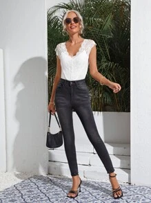 SHEIN Body unicolor ribete con encaje - Blanco - Ver 3