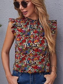 SHEIN Clasi Frilled Neck Ruffle Armhole Ditsy Floral Top - Multicolor - View 1