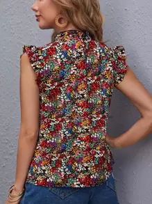 SHEIN Clasi Frilled Neck Ruffle Armhole Ditsy Floral Top - Multicolor - View 2