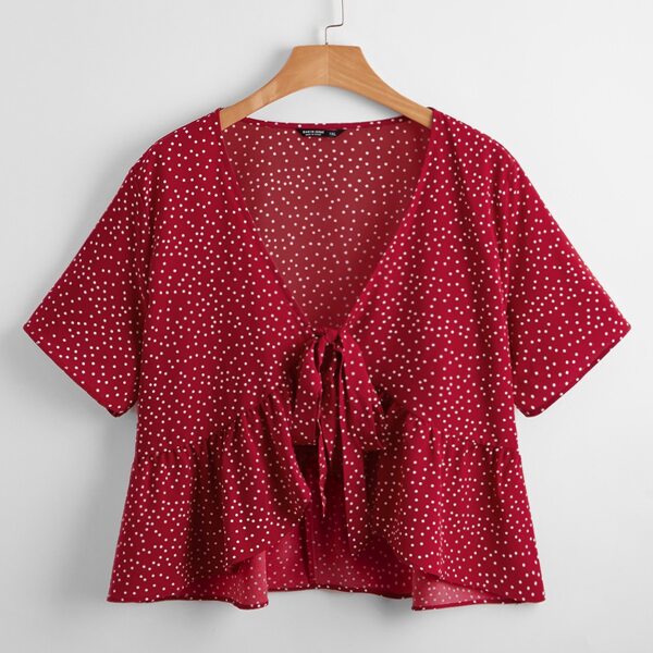 

Plus Polka Dot Tie Front Ruffle Hem Top, Burgundy
