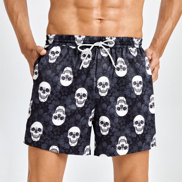 

Men Skull Print Swim Trunks, Black