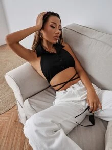 SHEIN Unity Top halter de espalda abierta de cintura con cordón - Negro - Ver 3