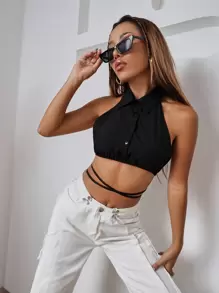 SHEIN Unity Top halter de espalda abierta de cintura con cordón - Negro - Ver 1