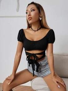 SHEIN Unity Top con cordón delantero de cuello scoop - Negro - Ver 5