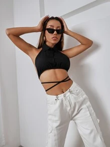 SHEIN Unity Top halter de espalda abierta de cintura con cordón - Negro - Ver 5
