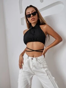 SHEIN Unity Top halter de espalda abierta de cintura con cordón - Negro - Ver 6