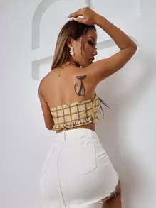 SHEIN Unity Áo nữ viền lá sen Sọc ca rô Gợi cảm - Màu vàng - Xem 2