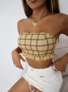 SHEIN Unity Áo nữ viền lá sen Sọc ca rô Gợi cảm - Màu vàng - Xem 3