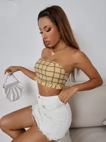 SHEIN Unity Áo nữ viền lá sen Sọc ca rô Gợi cảm - Màu vàng - Xem 4