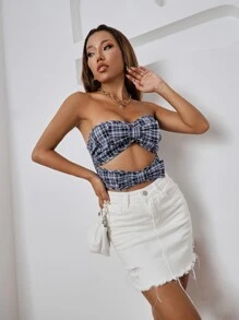 SHEIN Unity Top bandeau de cuadros con diseño de lazo con abertura delantera - Azul Marino - Ver 4