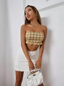 SHEIN Unity Áo nữ viền lá sen Sọc ca rô Gợi cảm - Màu vàng - Xem 5