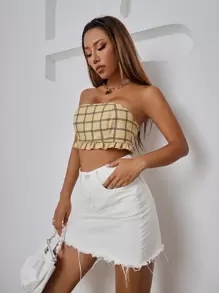 SHEIN Unity Áo nữ viền lá sen Sọc ca rô Gợi cảm - Màu vàng - Xem 6