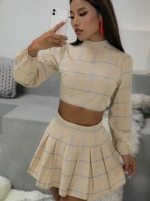 SHEIN Qutie 格紋燈籠袖上衣和百褶半身裙套裝