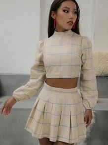 SHEIN Qutie 格紋燈籠袖上衣和百褶半身裙套裝