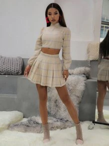 SHEIN Qutie 格紋燈籠袖上衣和百褶半身裙套裝