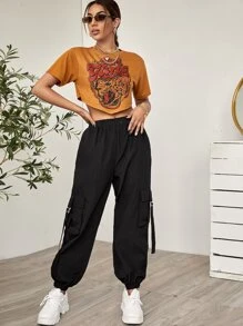 Muchica 側翻蓋口袋織帶面工裝褲子