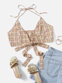 SHEIN Unity Plus Tartan Plaid Tie Front Crop Halter Top - Multicolor - View 1