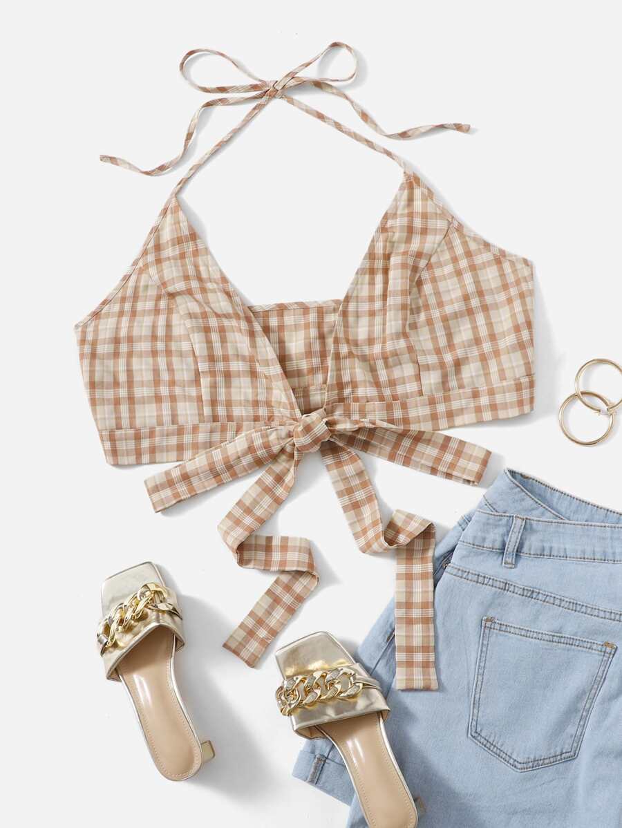 SHEIN Unity Plus Tartan Plaid Tie Front Crop Halter Top - Multicolor - View 1