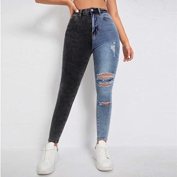 

High Waist Ripped Two Tone Skinny Jeans, Multicolor