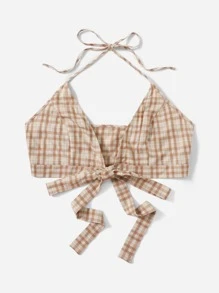 SHEIN Unity Plus Tartan Plaid Tie Front Crop Halter Top - Multicolor - View 3