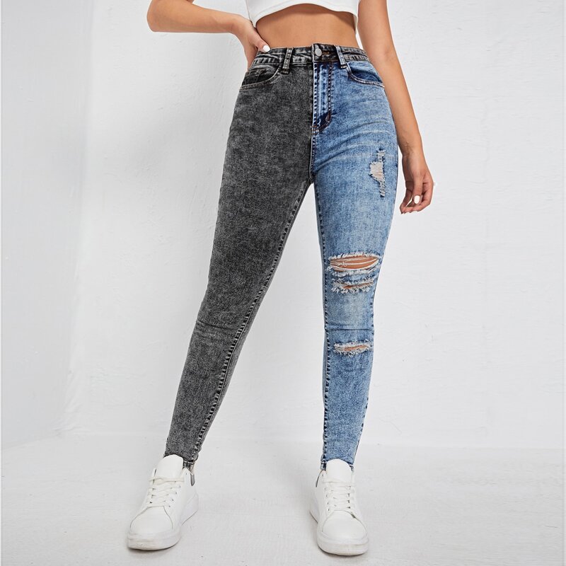 

High Waist Ripped Two Tone Skinny Jeans, Multicolor