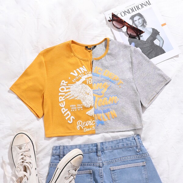 

Plus Two Tone Letter Graphic Crop T-shirt, Multicolor