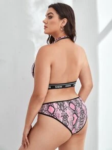 Plus Snakeskin Print Plunge Teddy Bodysuit - Multicolor - View 2