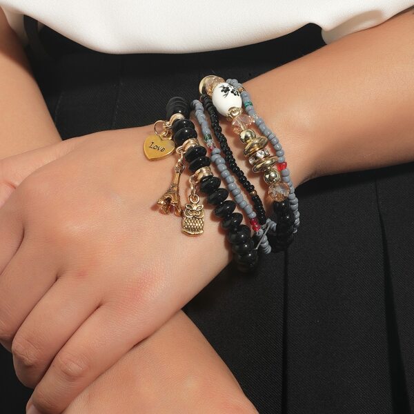 

5pcs Heart Charm Beaded Bracelet, Black