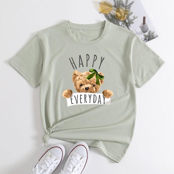 

Slogan & Cartoon Graphic Tee, Green