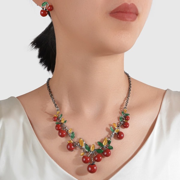 

1pc Cherry Decor Necklace & 1pair Stud Earrings, Multicolor