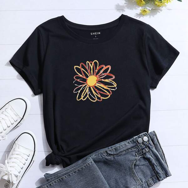 

Floral Print Short Sleeve Tee, Black