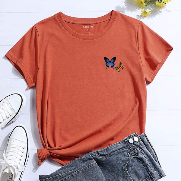 

Butterfly Print Short Sleeve Tee, Burnt orange