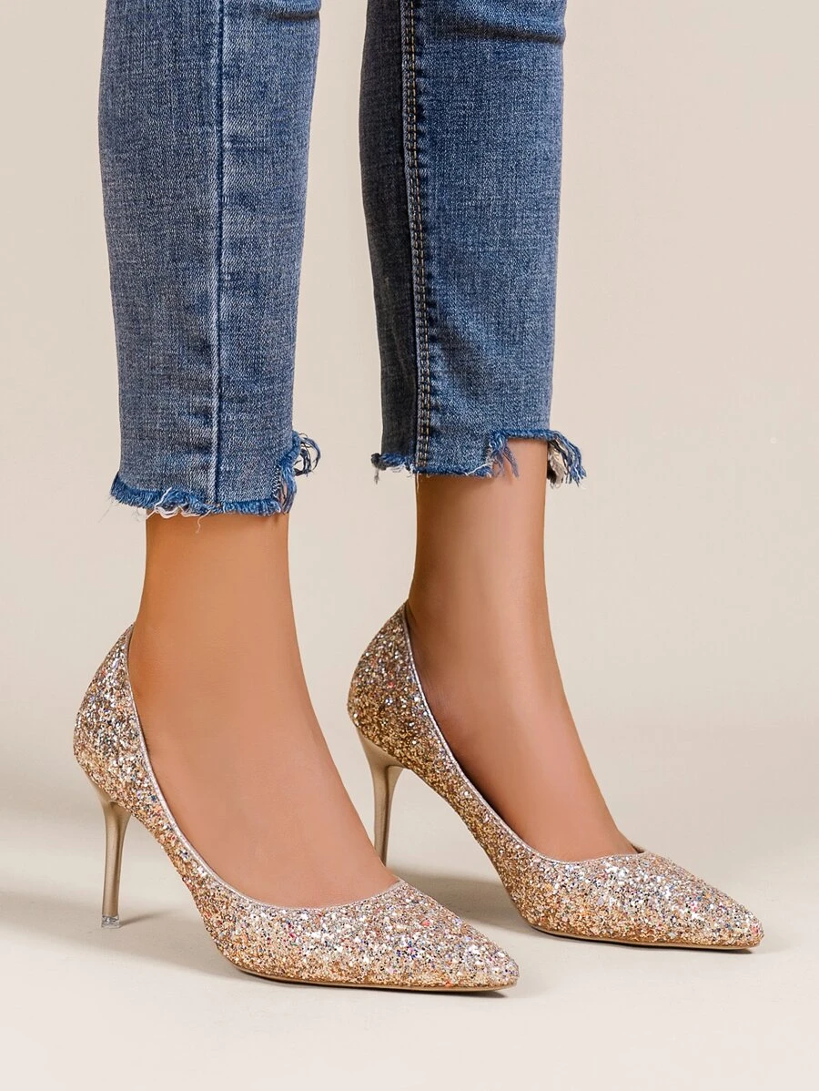 尖頭鞋金屬亮絲船型高跟鞋 - 香檳色 - 查看 1
