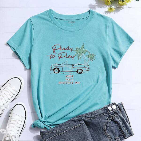 

Slogan And Tropical Print Tee, Mint blue