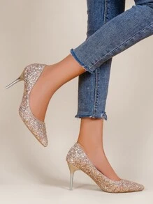 尖頭鞋金屬亮絲船型高跟鞋 - 香檳色 - 查看 5