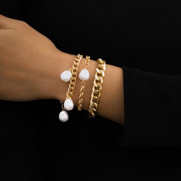 

3pcs Faux Pearl Decor Bracelet, Gold