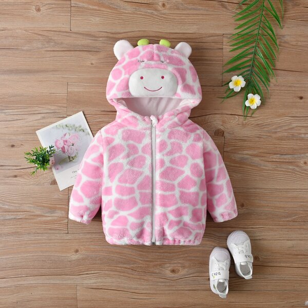 

Baby Geo Pattern Cartoon Embroidered 3D Patched Hooded Flannel Jacket, Pink