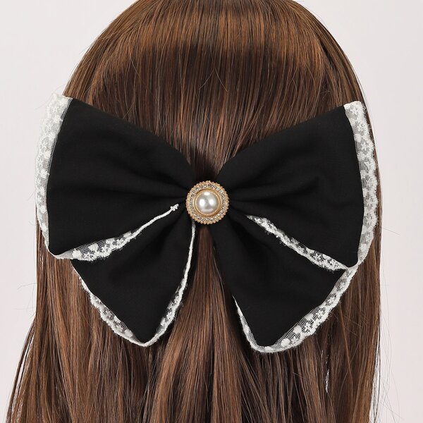 

Faux Pearl Decor Bow Hair Clip, Black and white