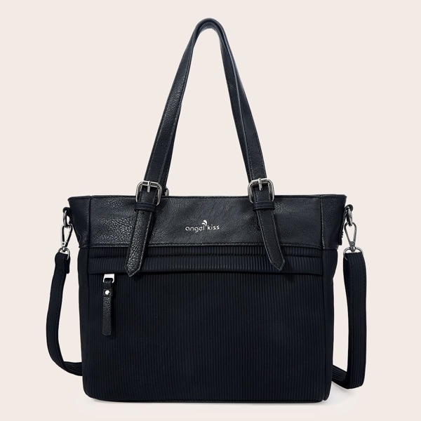 

Pleated Top Handle Tote Bag, Black