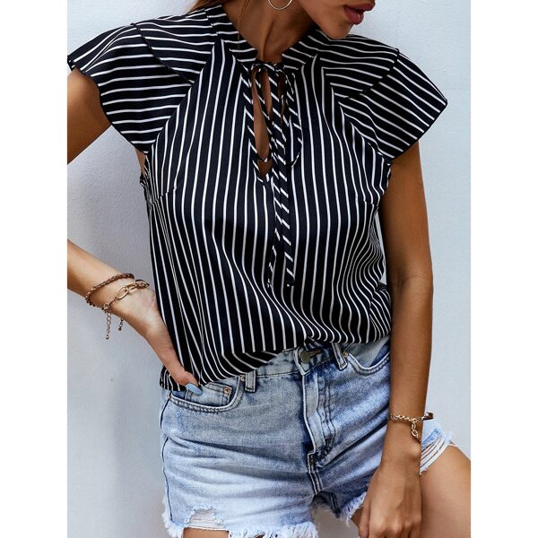 

Tie Neck Striped Blouse, Black