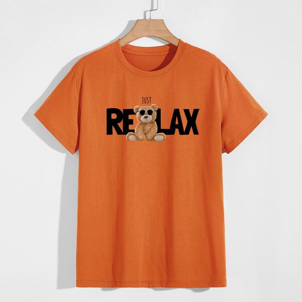 

Men Cartoon Bear And Slogan Graphic Tee, Orange