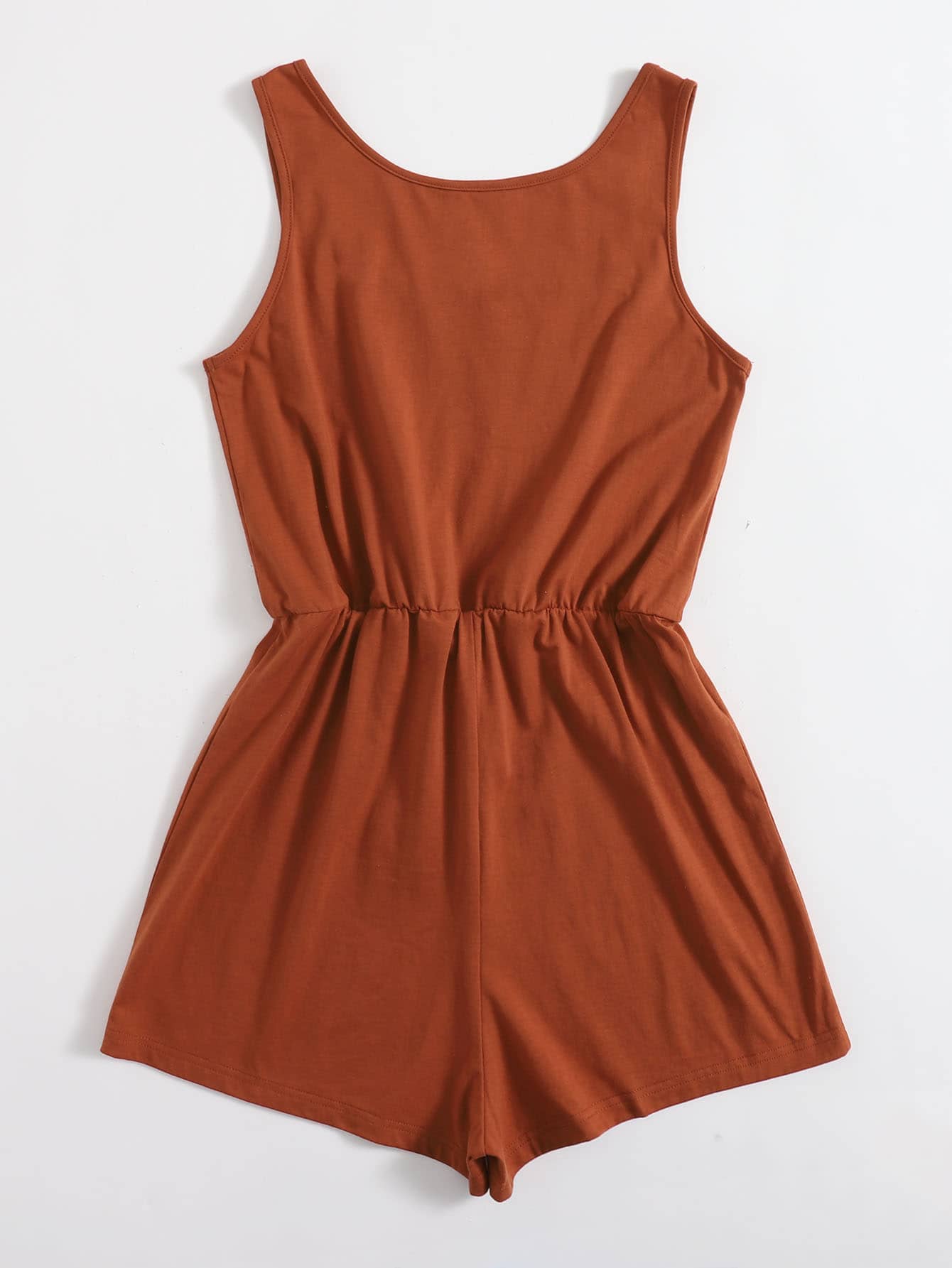 SHEIN VCAY Drawstring Waist Button Front Tank Romper - Burnt Orange - View 2