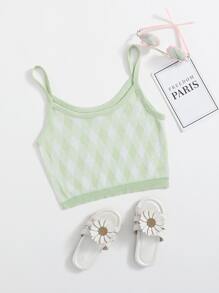 SHEIN Girls Argyle Pattern Knit Cami Top - Mint Green - View 1