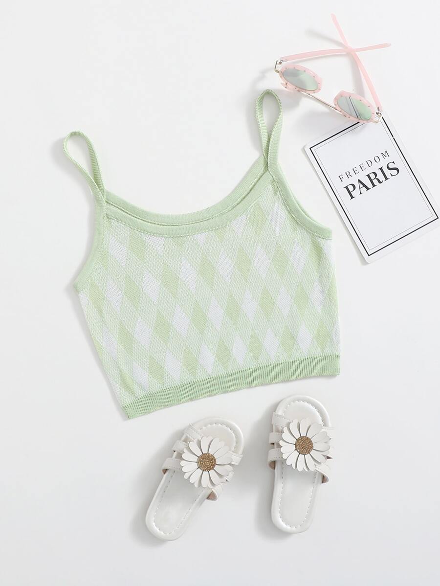 SHEIN Girls Argyle Pattern Knit Cami Top - Mint Green - View 1