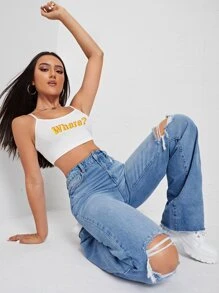 SHEIN EZwear Jeans desgarro de talle alto - Lavado ligero - Ver 3