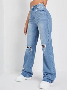 SHEIN EZwear Jeans desgarro de talle alto - Lavado ligero - Ver 4